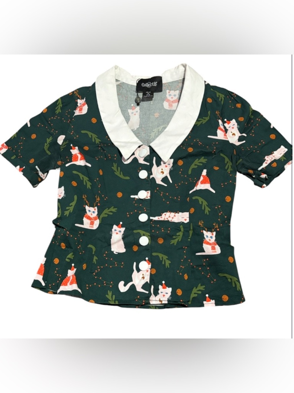 Collectif Cat Retro Blouse Peter Pan Collar Green Top Shirt Button Front size 8